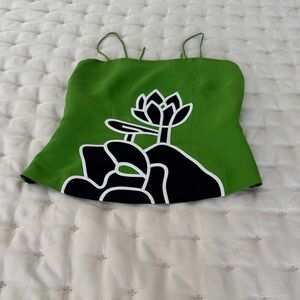 Ascot Green Floral-Graphic Spaghetti Strap Camisole abstract art crop size M